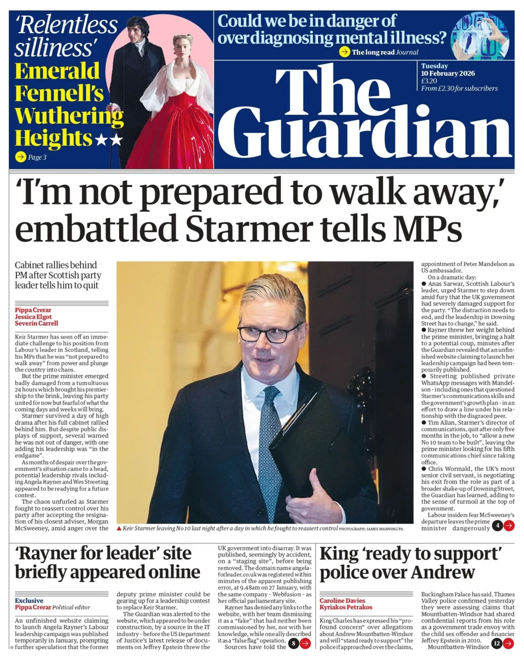 '"I'm not prepared to walk away,' embattled Starmer tells MPs" reads the headline on the front page of the Guardian.