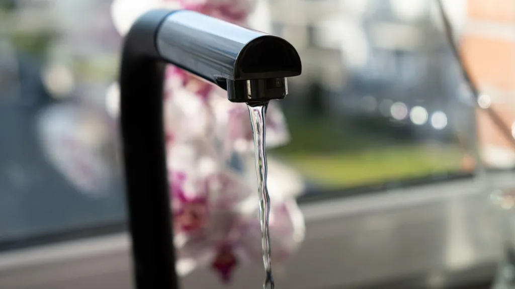 Water flows from a black tap in a kitchen with a window in the background, which is blurred. 