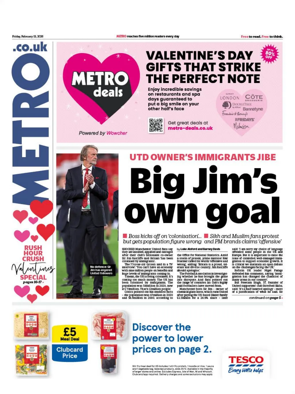 "Big Jim's own goal" reads the headline on the front page of Metro.