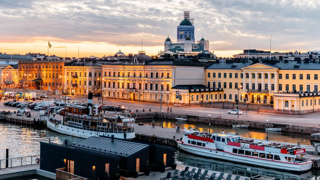 Helsinki waterfront with boats in the foreground and the cathedral in the background.