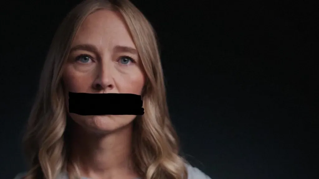 A survivor of Jeffrey's Epstein's abuse looks at the camera and appears with a black redaction mark across her mouth