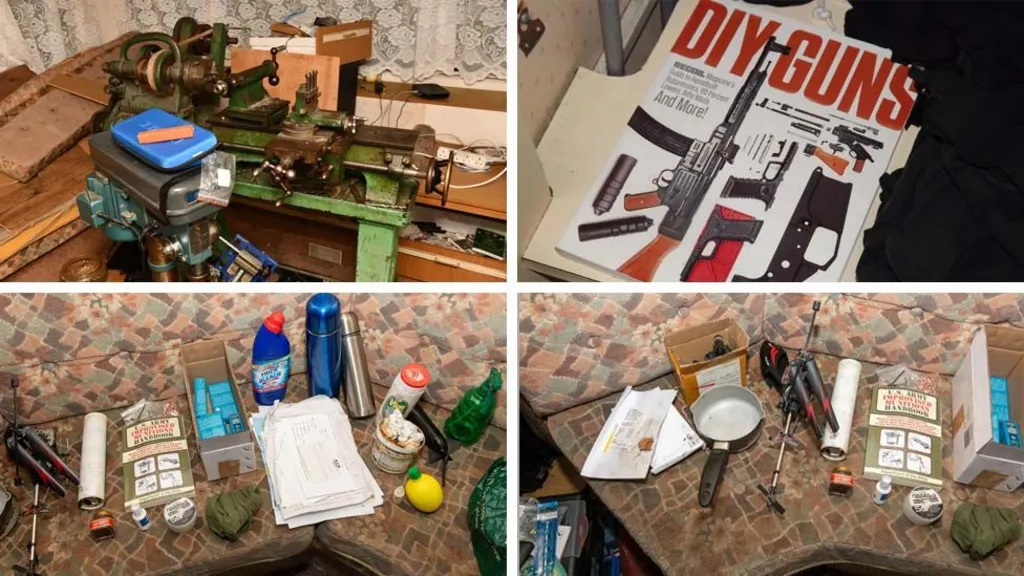 A composite of police photos showing a green lathe and a drill which were found inside McKenna's caravan, a DIY Guns guide and other equipment