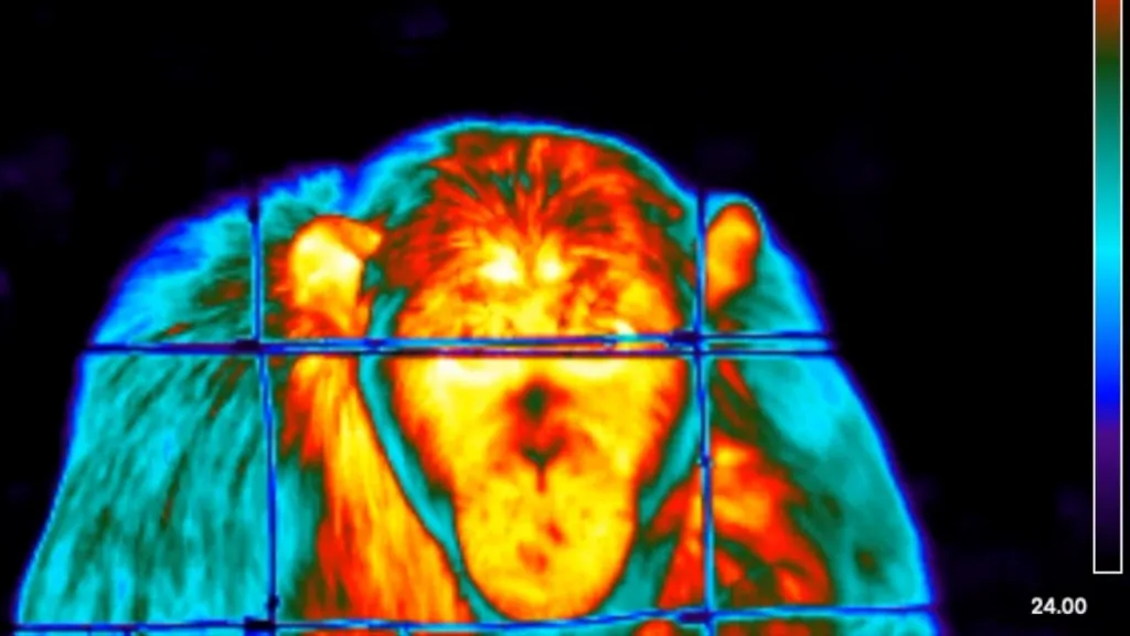 A thermal image of a chimpanzee in captivity. Its face is yellow and red, indicating warmth. 