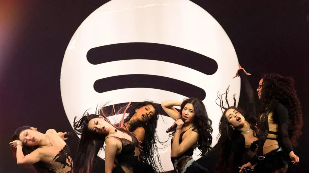 Yoonchae, Megan, Lara Raj, Sophia, Daniela, and Manon of KATSEYE perform onstage during Spotify's 2026 Best New Artist Party at LA's The Lot at Formosa on January 29, 2026 in West Hollywood, California.