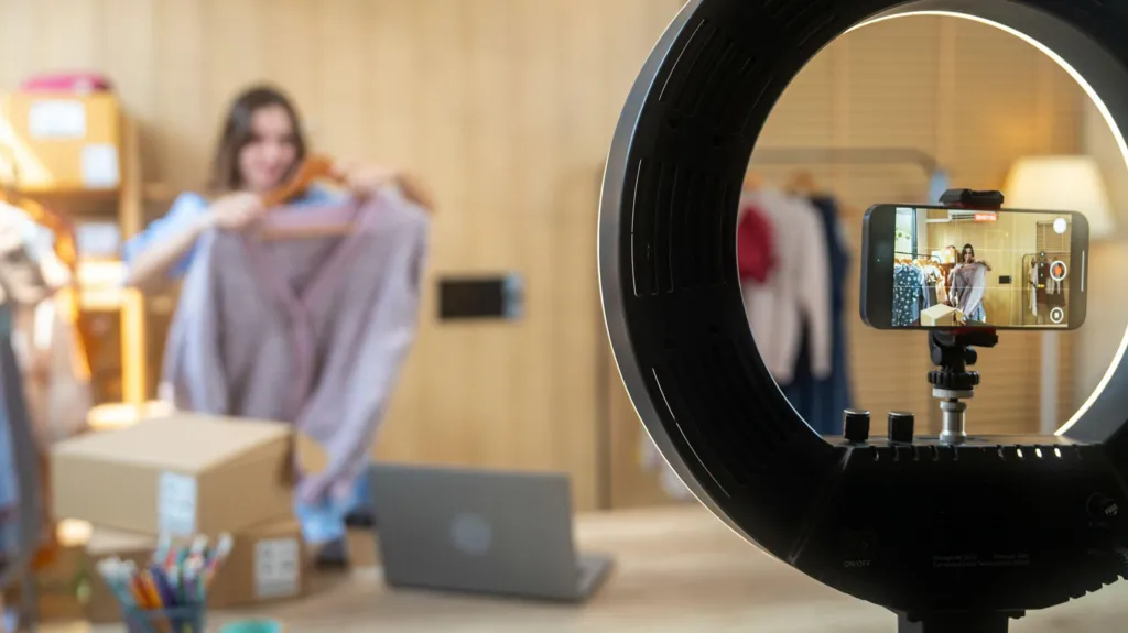 A content creator holds up a cardigan on a hanger while facing at a smartphone recording her on a stand with a ring light.