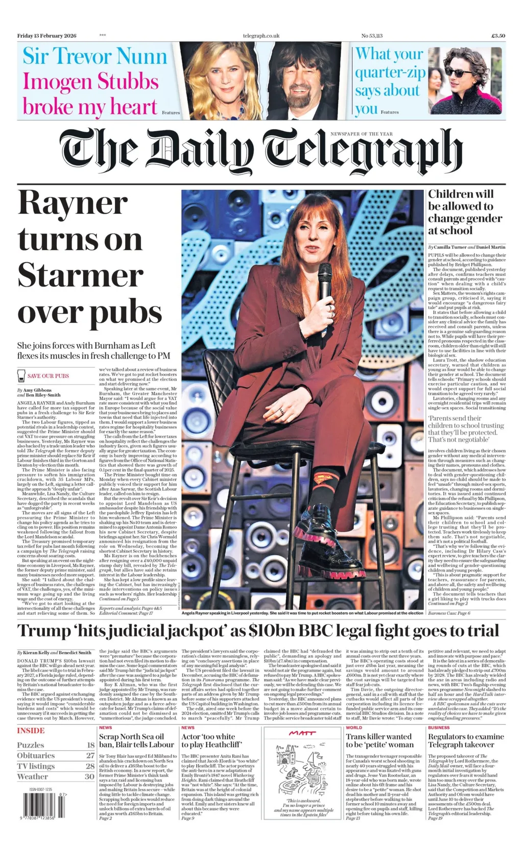 "Rayner turns on Starmer over pubs" reads the headline on the front page of the Daily Telegraph.