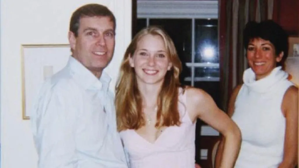 Andrew stands on the left with his arm around Virginia Giuffre with Ghislaine Maxwell in the background.