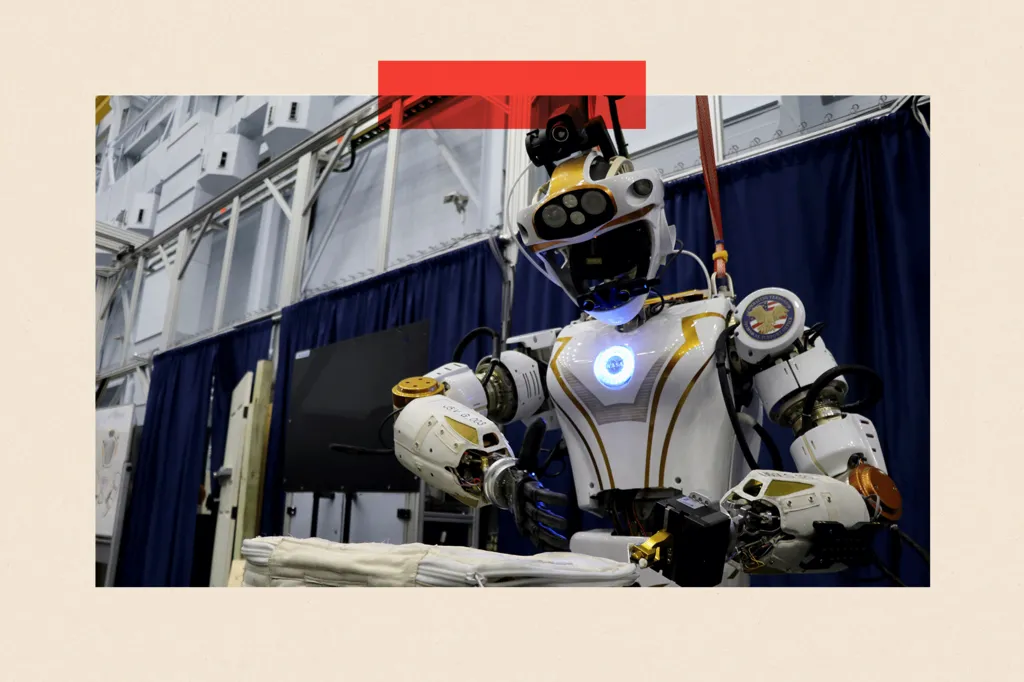 NASA's humanoid robot Valkyrie opening a bag 