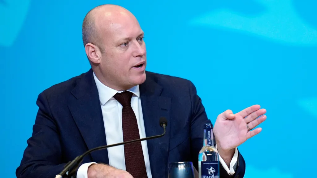 Dan Thomas answers questions from the media during a rally at the International Convention Centre Wales in Newport last week.