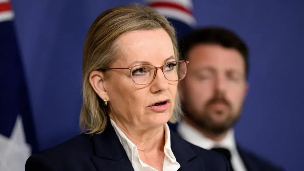 Sussan Ley, wearing glasses and a black jacket, speaks, while a man with a beard stand behind, not in focus. 
