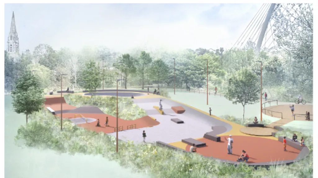 An illustration of faint colours depicts a skatepark coloured in orange, yellow and grey. In it are young people wearing helmets and riding skateboards. The park is surrounded by lampposts and greenery, in the distance on the left, the tower of a church looms, as well as the top of the Ballycolman footbridge on the right.