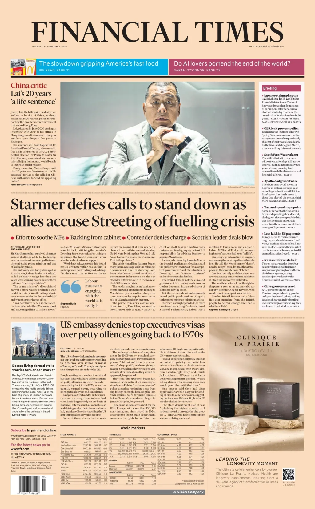 "Starmer defies calls to stand down as allies accuse Streeting of fuelling crisis" reads the headline on the front page of the Financial Times. 