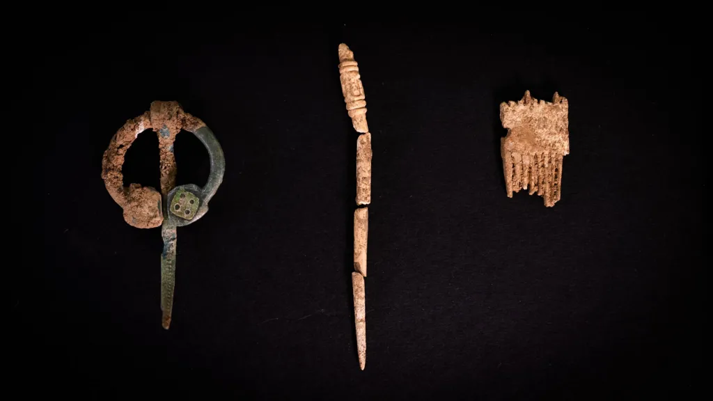 Three artefacts are displayed against a black background. On the left, is a green almost circular metal brooch with a long pin. It has tiny dots etched into the pin, while one of the terminals of the brooch has four large dots. It is partially covered in soil.
In the centre of the picture is a decorated pin made of bone. It is broken into four pieces. The top of the pin is intricately carved with a pattern. On the right is a fragment of a comb with broken teeth that has been carved from antler. 
