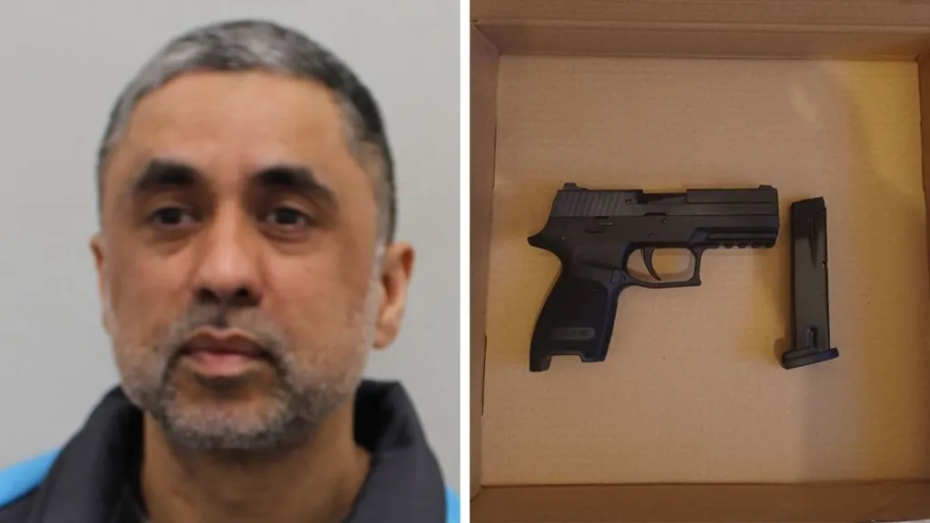 A composite of a police mugshot of Faisal Razzaq. He has short grey and black hair and a short beard. He is looking directly at the camera. Next to the mugshot is a photo issued by Counter Terrorism Policing of a gun found in the possession of Razzaq.