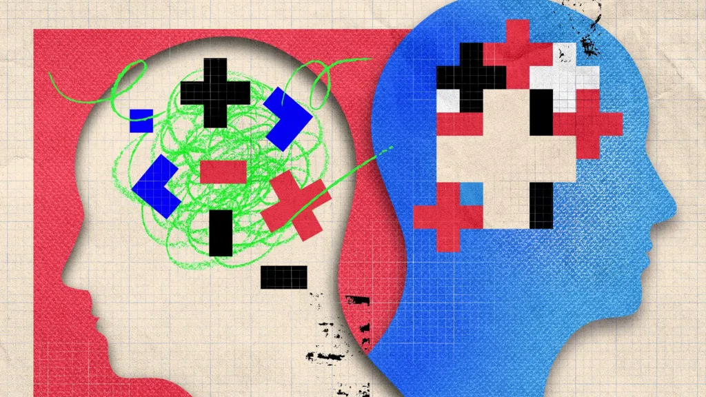 Image showing the outline of two heads facing opposite directions. One blue head has shapes in the brain organised into a pattern. The other white head has the shapes disorganised and disjointed, against a backing of green scribbly lines - an illustration of what ADHD feels like to people who have it.