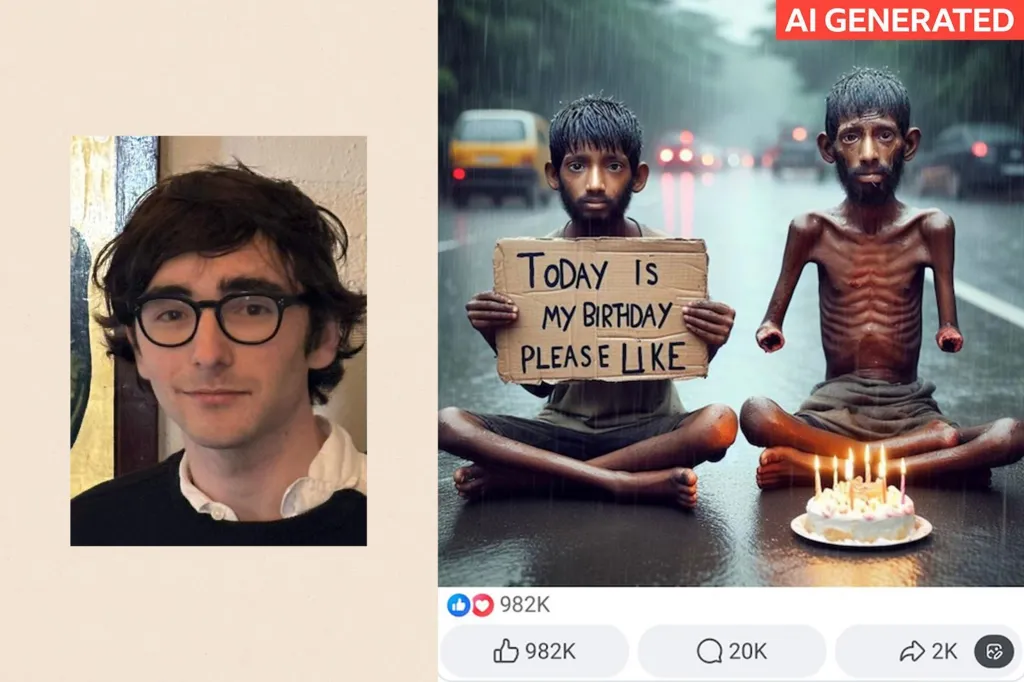Left: Théodore. 
Right: an AI-generated image of two children sitting in a road, with a birthday cake.