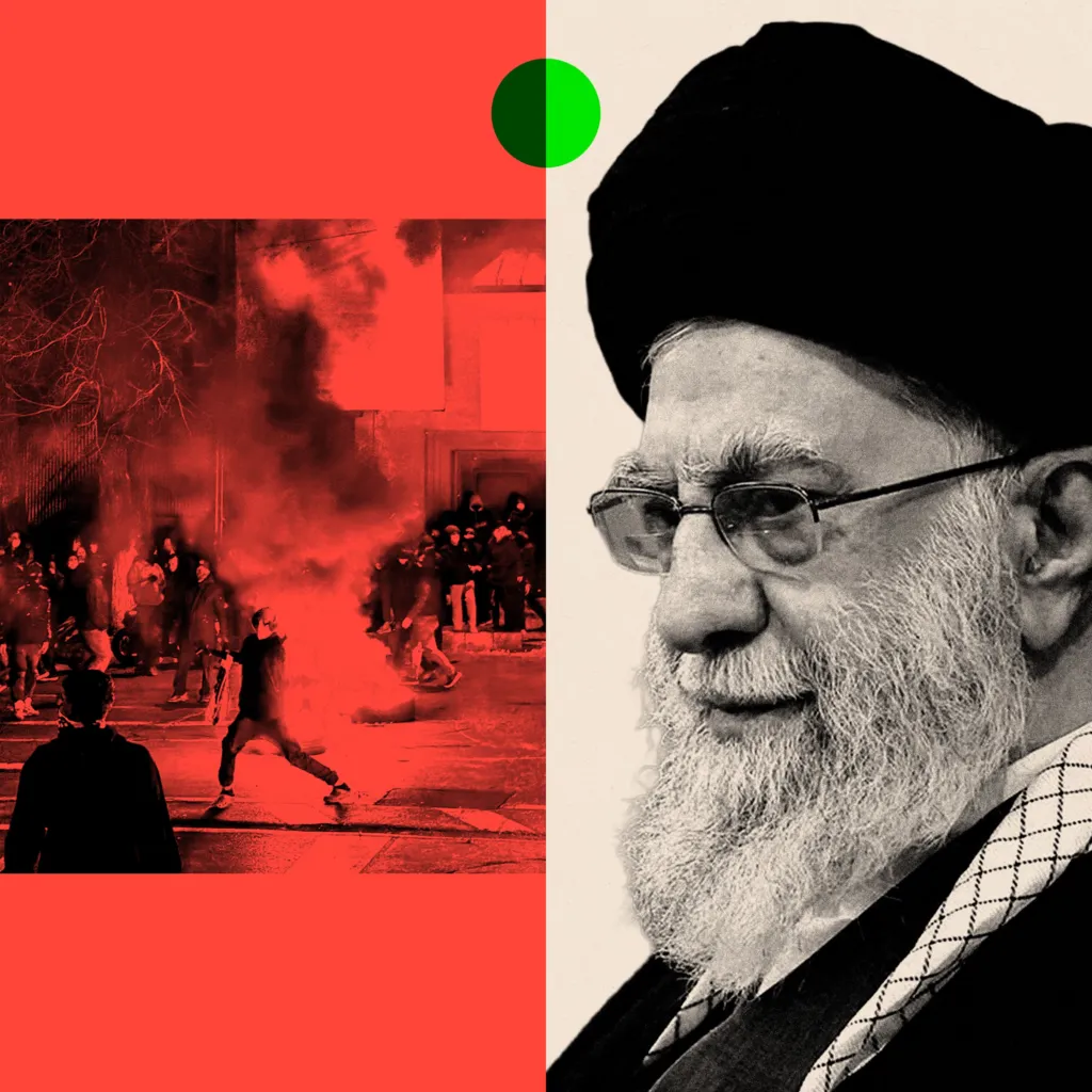 Two images, the one on the left shows Iranians gather while blocking a street during a protest in Tehran, Iran and on the right is a black and white image of Iran's Supreme Leader Ayatollah Ali Khamenei