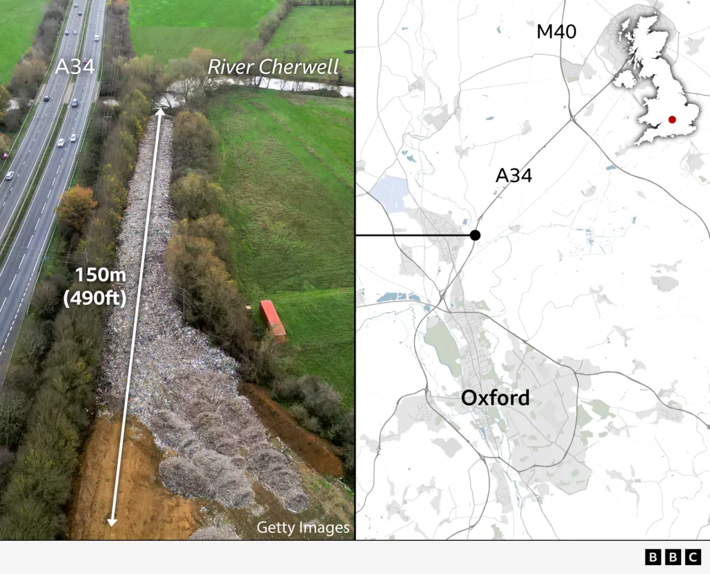 A graphic showing the flytipping site near Oxford. On the left, an aerial photo shows the long strip of dumped rubbish, about 150 metres (490 feet) in length, lying between the A34 dual carriageway and the River Cherwell. On the right, a map pinpoints the location along the A34 just north of Oxford, with an inset map of the UK highlighting the region
