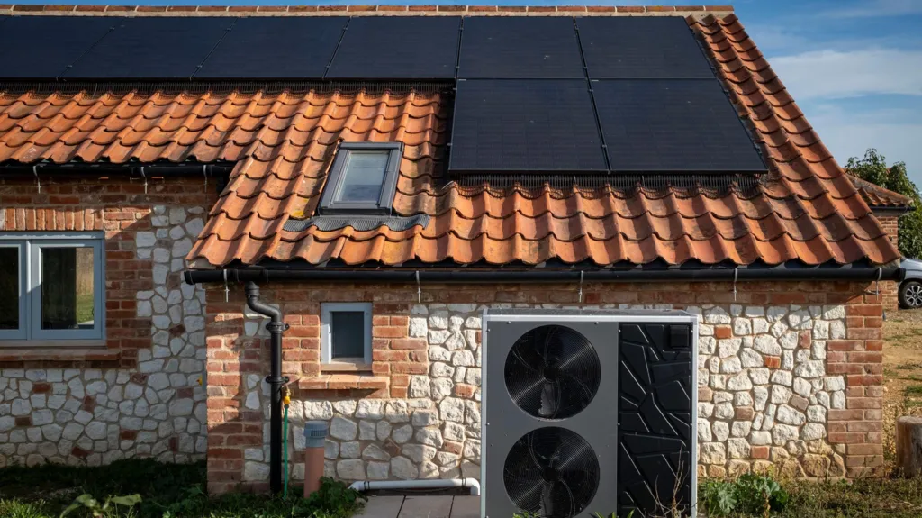 Stone cottage with brown tiled roof, with a blue sky behind. The roof is covered in solar panels and to the right hand side of the cottage is a heat pump