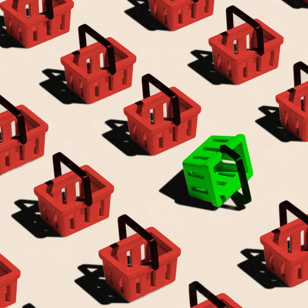 A conceptual visualisation of a grid pattern of red shopping baskets, with one noticeably tilted in bright green