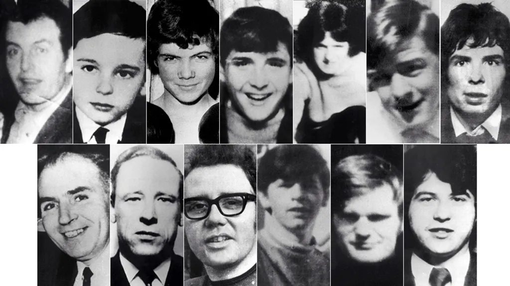 A collage of black and white photographs of the 13 people killed on Bloody Sunday.

The victims, top row (l to r): Patrick Doherty, Gerald Donaghey, John Duddy, Hugh Gilmour, Michael Kelly, Michael McDaid and Kevin McElhinney. Bottom row : Bernard McGuigan, Gerard McKinney, William McKinney, William Nash, James Wray and John Young
