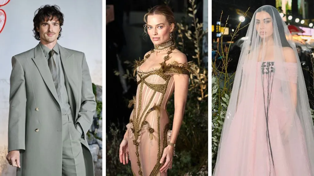 Three separate images of Jacob Elordi, Margot Robbie and Charli XCX from the premiere of Wuthering Heights. Jacob Elordi is wearing a designer grey/ green suit. Margot Robbie is wearing a  sheer  light pink corseted dress with gold embellishments.  And Charlie XCX wears a pink chiffon gown which covers her face