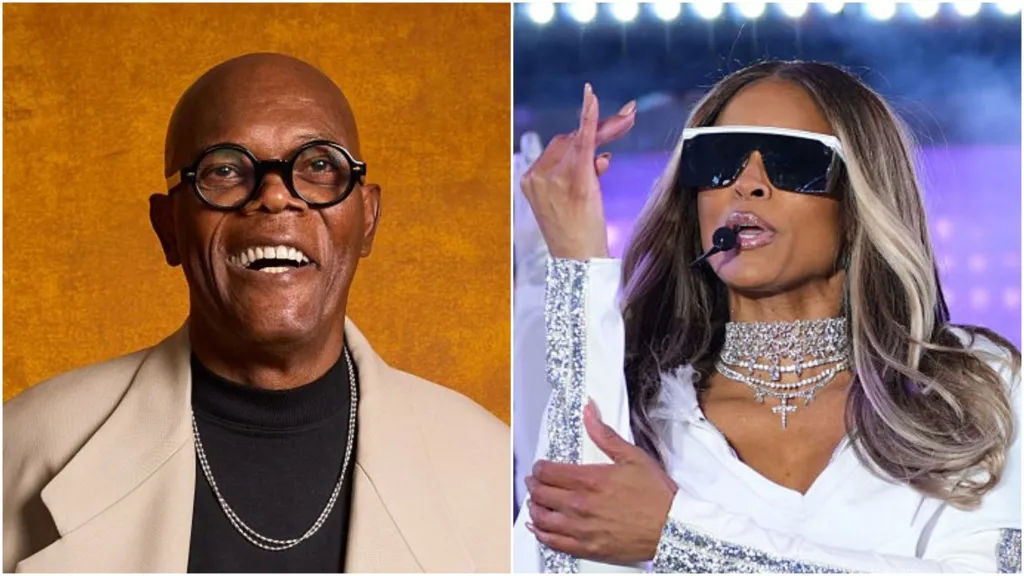 A split image of Samuel L Jackson smiling and Ciara performing