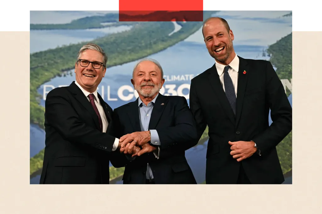 Prince William and Britain's Prime Minister Keir Starmer shake hands with Brazil's President Luiz Inacio Lula da Silva, during the COP30 UN climate conferenc

