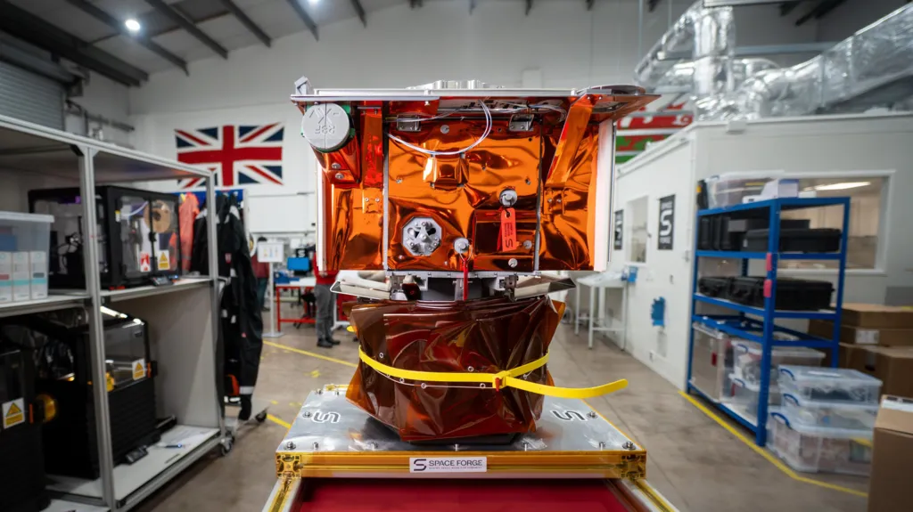 A life-size mock up of the space factory satellite sitting on a workbench inside Space Forge's Cardiff headquarters. It is square-shaped, about the size of a microwave, and is covered in reflective orange foil with various smaller components attached. The workshop in the background has high ceilings and has shelves filled with equipment and storage boxes. A large Union Jack flag hangs on the wall.
