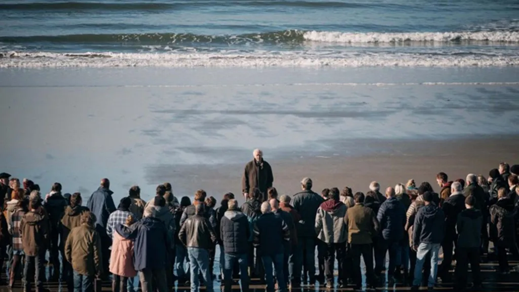 A crowd are gathered on the beach, looking out to sea as Sir Jonathan Pryce's character looks back at them, with the waves behind him.