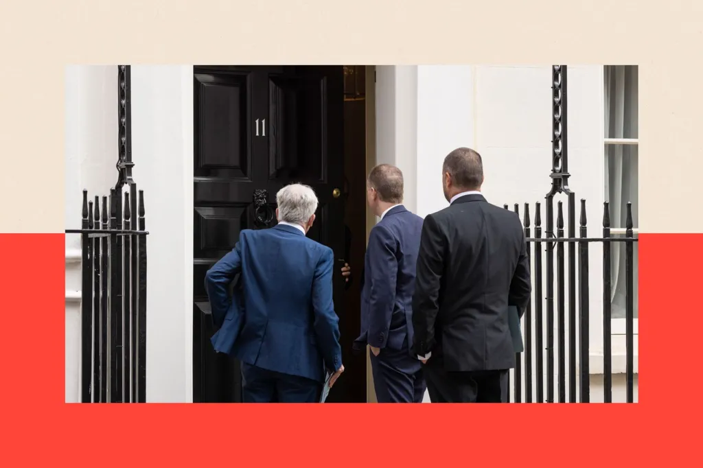 Chair of the OBR, Office For Budget Responsibility, Richard Hughes, Member of the Budget Responsibility Committee, Andy King and Prof David Miles CBE, Member of the Budget Responsibility Committee arrive on Downing Street
