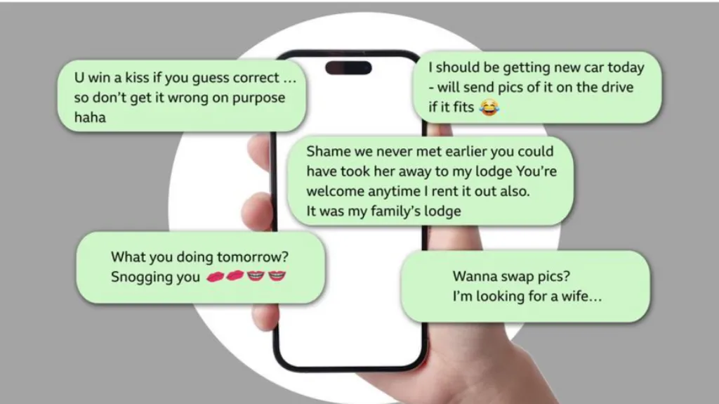 A hand holds up a phone and a graphic depicts a number of messages which are flirtatious in nature. They include an offer of a stay in a lodge, a suggestion they might go to Vegas together and information about a new car.