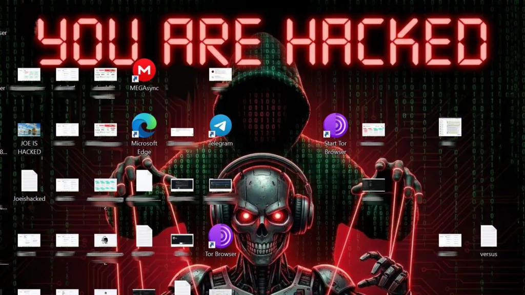 BBC reporter's laptop wallpaper reads "you are hacked" with an image of a robot skull