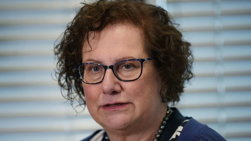 Dr Hilary Cass speaking to reporters in 2024.  She has short, dark, curly hair and dark-framed glasses.  She is wearing a blue cardigan over a black and white patterned top, with a navy beaded necklace. 