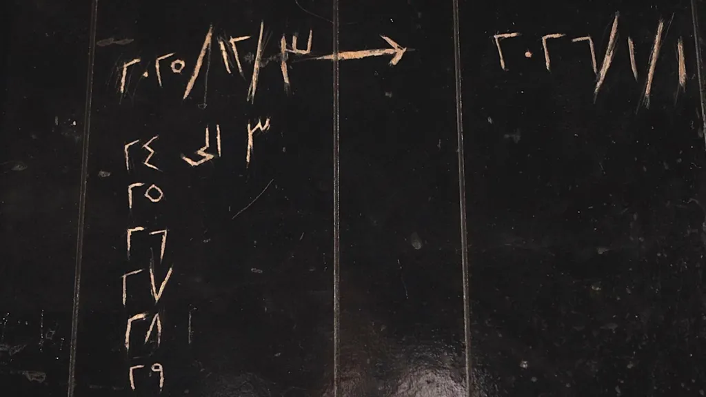 Black-painted wall with dates in Arabic scratched into it