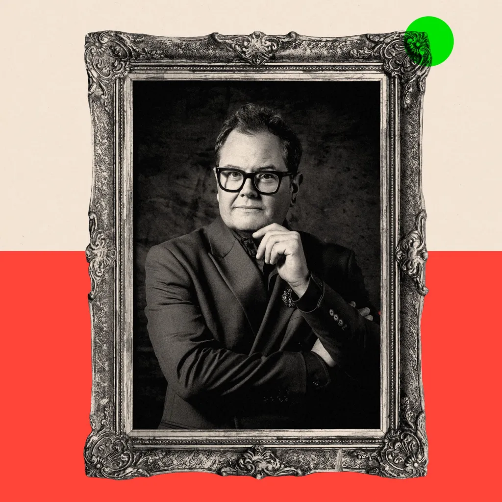 A treated image of Alan Carr posing in a framed portrait 