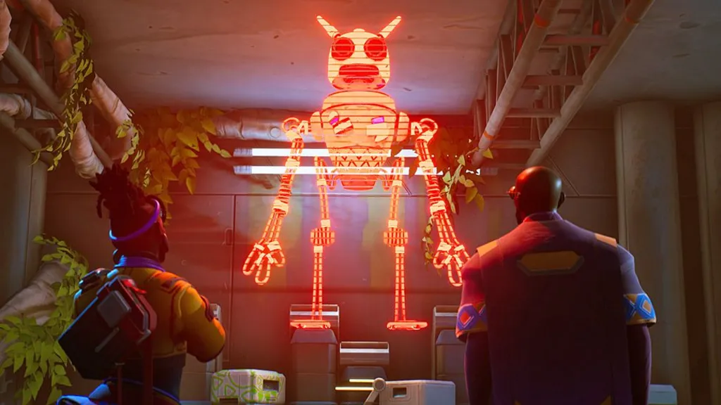 A screengrab from Relooted showing two characters from the back looking up at a massive robotic looking figure that looks like it is made out of red lasers.