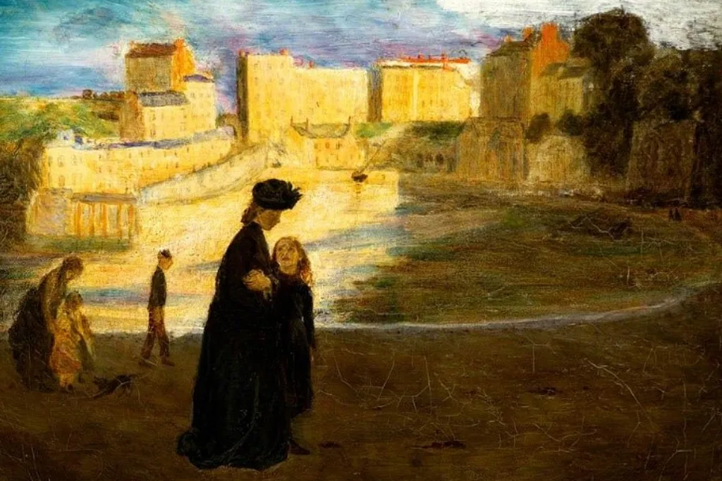 Oil painting of Tenby's North Beach. It shows in separate groupings two mothers and their young daughters on the sand, with a third single male figure walking between them in the background. The women wear long dresses, one black, one brown, typical of the late Victorian era. The closest image shows the daughter, aged about eight, looking up at her mother and the mother looking down at her. The other pair are both looking down at something on the beach in front of them. There is water on the beach harbour area behind them. The painting depicts houses directly level with the sand, a launchway down to the water and a number of blocks of tall Georgian housing on the road above the beach, still typical of Tenby today. 