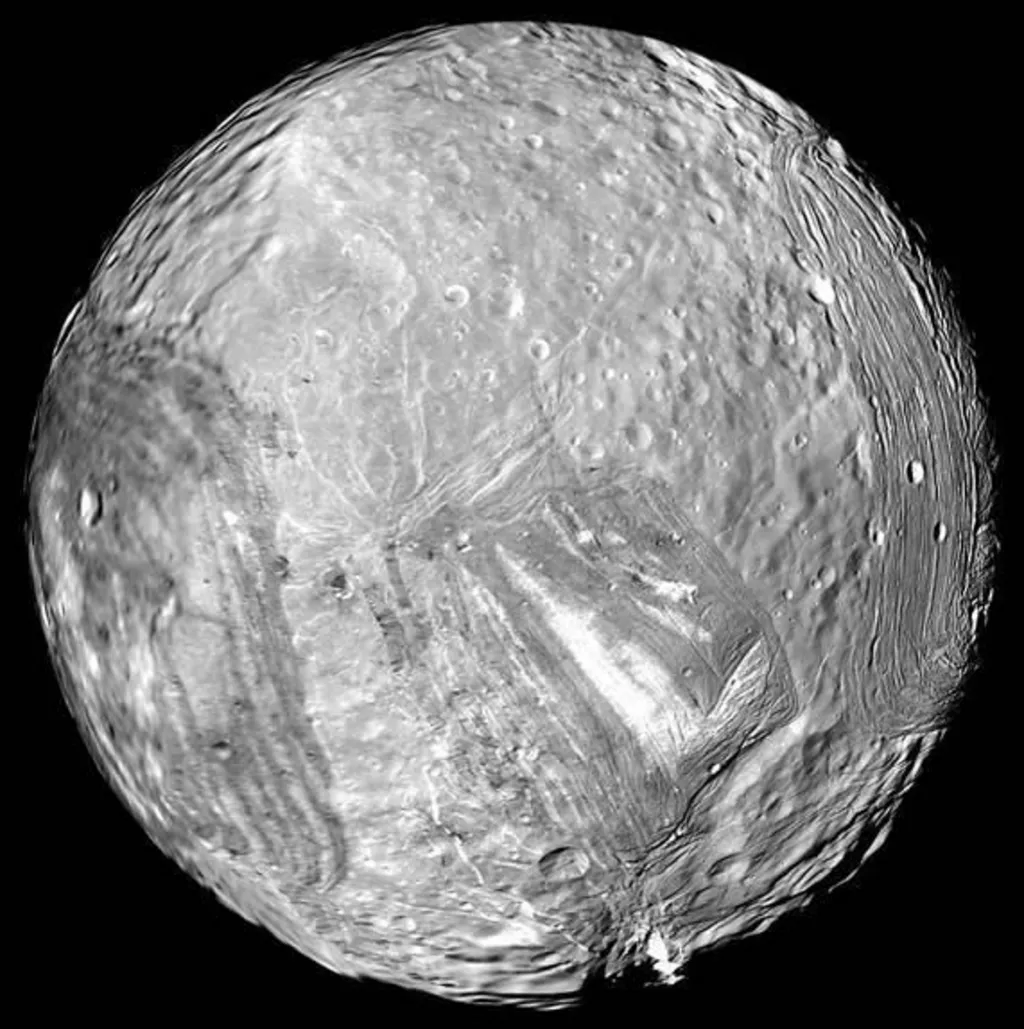 Black and White picture of Miranda, one of the moons of Uranus.
