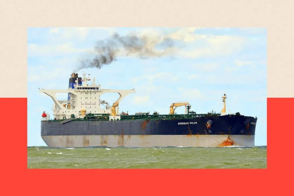 A tanker sits on the sea with 'Overseas Mulan' painted in white against a dark blue background.