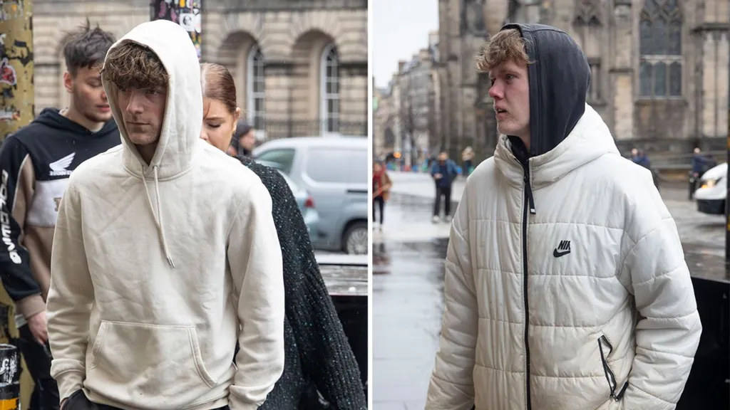 A composite of two pictures. The left picture shows a young man outside court wearing a cream hoodie with the hood up. He has curly brown hair worn in a long fringe. His hands are in his pockets. The right photo is of another young man wearing a cream Nike puffer jacket over a dark hoodie, again with the hood up. He has fair curly hair worn in a long fringe.