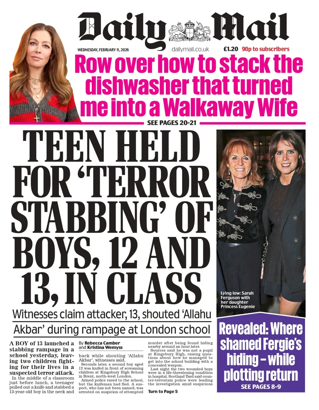 "Teen held for 'terror stabbing' of boys, 12 and 13, in class" reads the headline on the front page of the Daily Mail. 