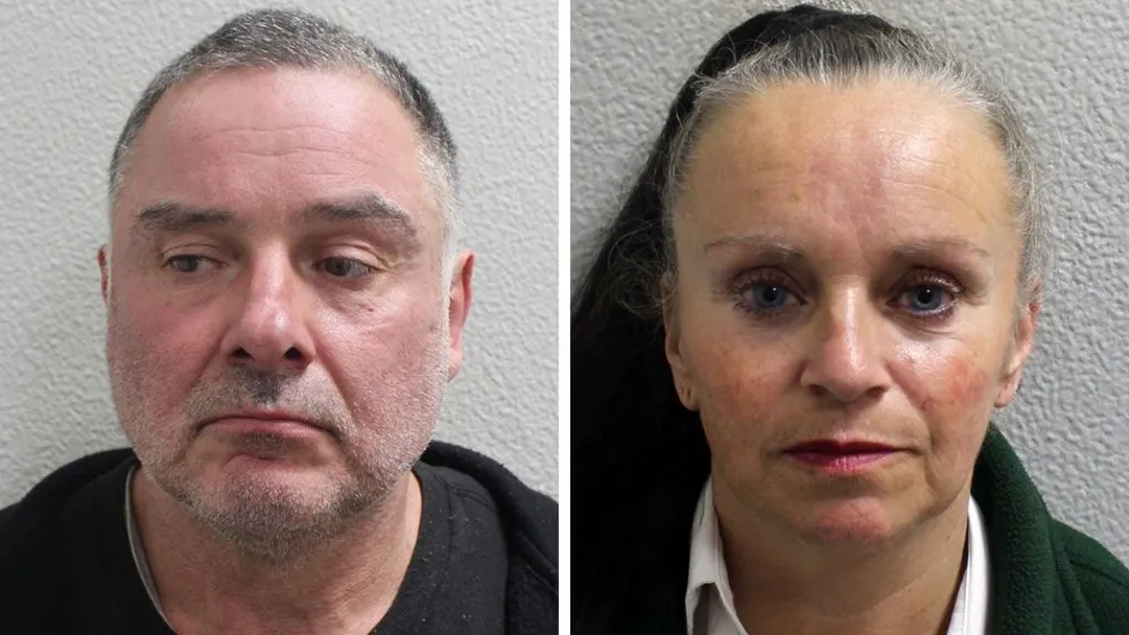Police mugshots of McKenna on the left and his partner Smith on the right. McKenna is wearing black and has shor grey hair and stubble. Smith appears to have long hair tied back. She is wearing white and green.