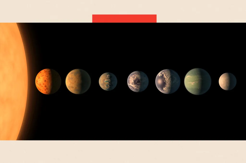 This artist's concept shows what the TRAPPIST-1 planetary system may look like 