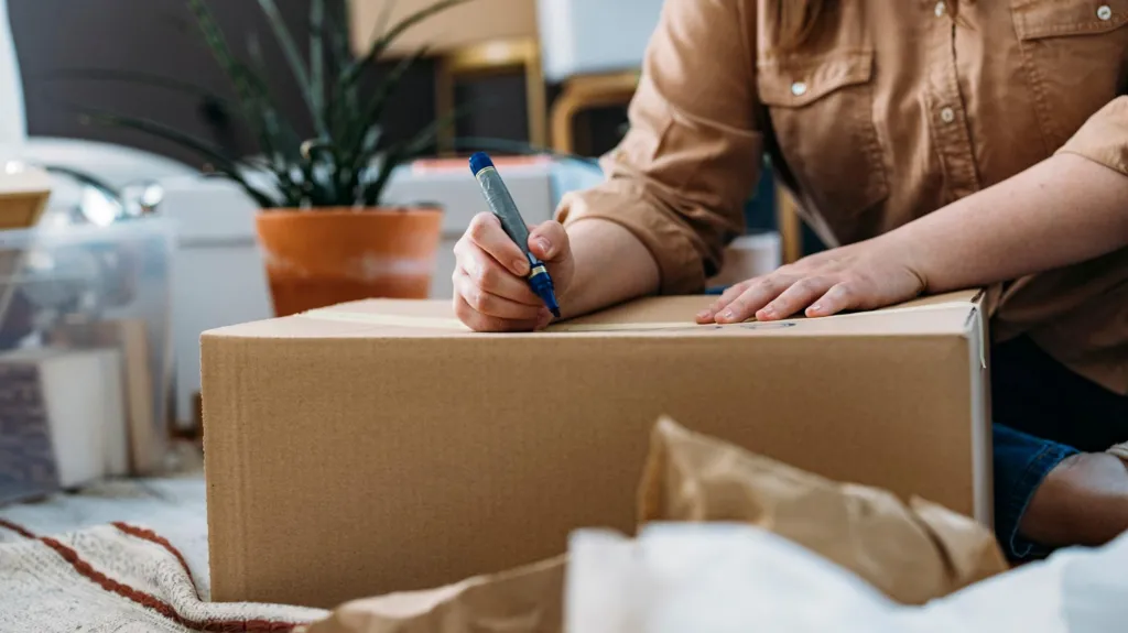A stock image showing a cardboard box on the floor and a person's hands on top, they are writing with a marker pen on the top of the box. In the background we can see other boxes, packaging and a pot plant.