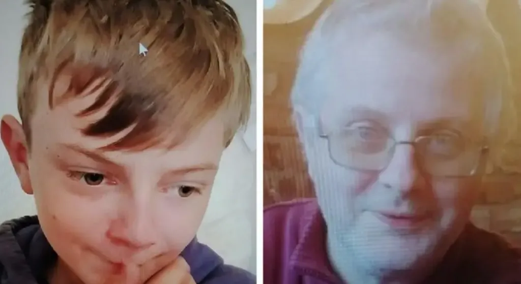 A young boy with blonde hair looking down and a blurred photo of a man with white hair and glasses